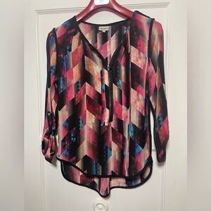 Anthropologie The Odells Geometric Rainbow Pixel Blouse w/ Cuff Sleeves- Size S